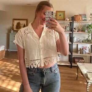 Free People Homespun Cropped Eyelet Button Down White